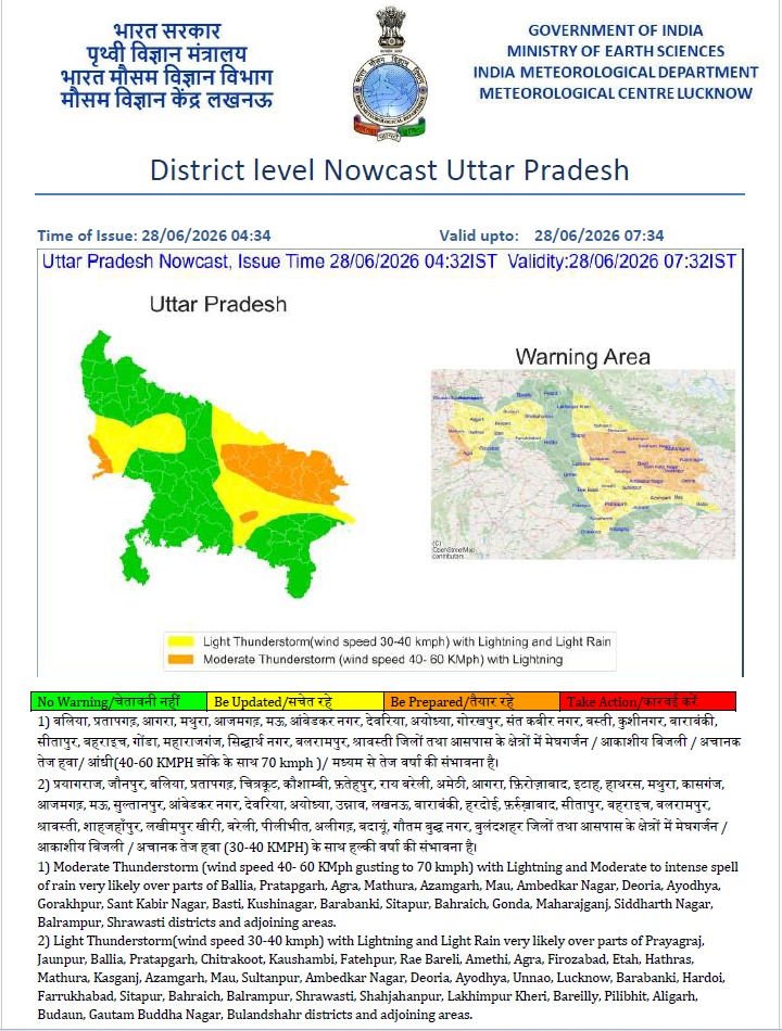 यूपी में मौसम का बड़ा अलर्ट: प्रयागराज समेत कई जिलों में बारिश-आंधी की चेतावनी, 60 KM/H तक चलेंगी तेज हवाएं
