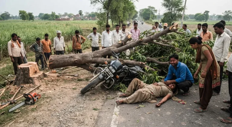 मुजफ्फरनगर में पेड़ कटाई के दौरान बड़ा हादसा: चलती बाइक पर गिरा पेड़, महिला गंभीर घायल; ठेकेदार पर केस