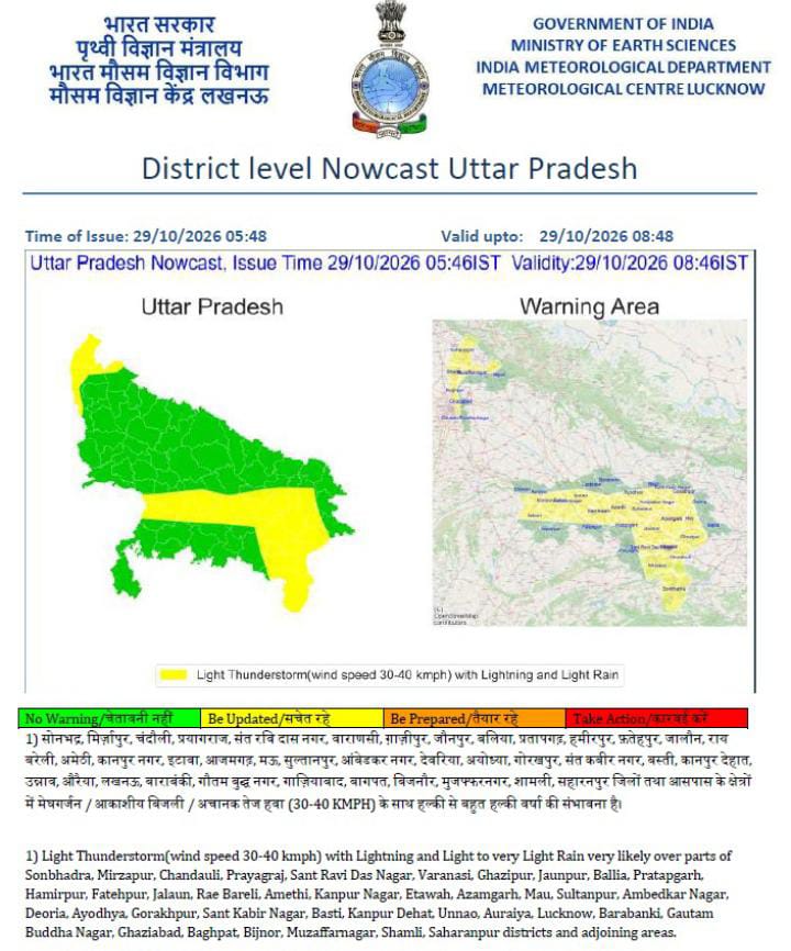यूपी के 40 से ज्यादा जिलों में मौसम का अलर्ट! 40 KM की रफ्तार से चलेंगी हवाएं, बिजली गिरने की आशंका
