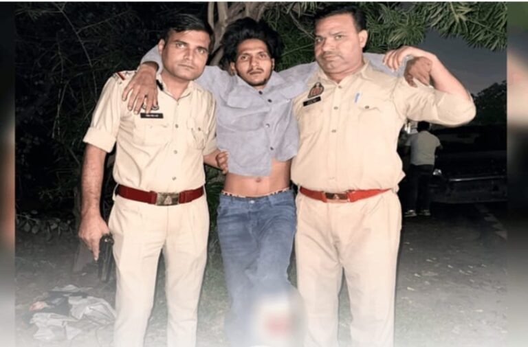 गाजियाबाद इंदिरापुरम में पुलिस मुठभेड़, पैर में गोली लगने से कथित लुटेरा घायल; तमंचा, बाइक और सोने की चेन बरामद